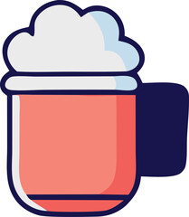 Fototapete - A stylized illustration of a coral colored mug filled with frothy white and light blue foam outlined in dark blue
