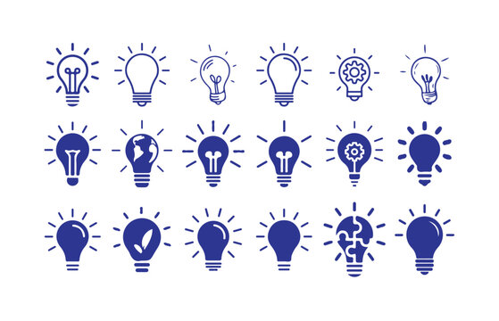 Flat Light Bulb Icons, Creativity, Questions, and Solutions Collection,  Idea and creativity symbol. Electric lamp, electricity, light. Editable stroke. Vector illustration eps 10.