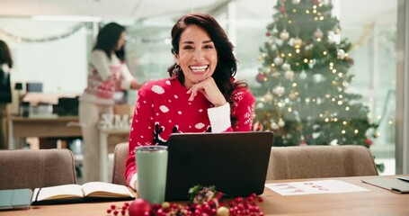 Poster - Face, employee and woman with laptop, Christmas or data analyst with info for financial performance. Online, stats and mature person with tech for graphs, laugh or smile for revenue in festive season