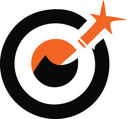 Poster - Abstract orange starburst rocket launching through black and white concentric circles on white background