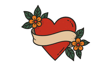 Poster - Colorful heart design with flowers and a blank ribbon displayed on a white background