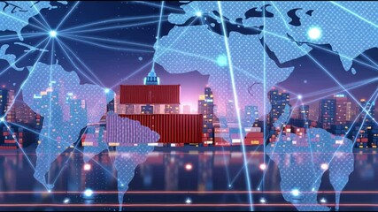 Poster - Global Trade and Logistics International Business with Digital World Map, Shipping Containers, Cityscape, and Vibrant Connectivity Showcasing Innovation in Global Shipping and Trade Network