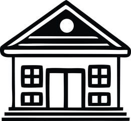 Poster - Simple black and white icon of a two story house with a gable roof and a circular window