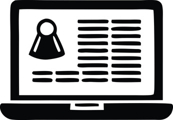 Fototapete - Stylized black and white icon of a laptop displaying a user profile with text data and a simple avatar