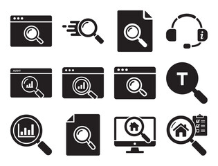 Poster - SEO and search engine optimization glyph icon set for web ranking showing magnifying glass analysis graph and other symbols for digital marketing strategy