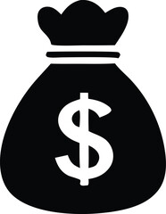 Poster - A simple black and white graphic illustration of a money bag with a prominent white dollar sign on its front