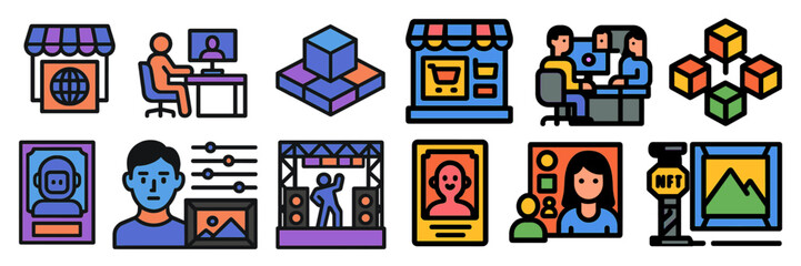 Poster - Colorful digital icons representing online commerce, social interaction, and creative expression in a modern setting
