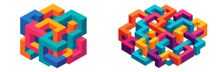 Poster - Colorful geometric patterns intertwining in a dynamic arrangement showcasing vibrant hues and intricate designs
