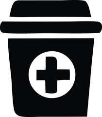 Poster - Simple black icon of a coffee cup with a white circle containing a black cross symbol on its side