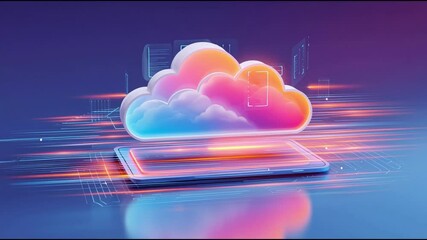 Aufkleber - Vibrant 3D Digital Illustration of Glowing Cloud Above Tablet Symbolizing Cloud Computing, Data Storage, and Transfer with Futuristic Neon Colors and Dynamic Light Trails