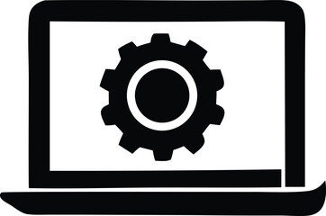 Poster - Black silhouette of a laptop displaying a gear icon symbolizing technology settings and digital operations