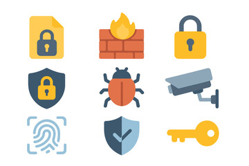 Poster - Icons representing cybersecurity elements featuring a padlock, firewall, bug, and more on a clean background