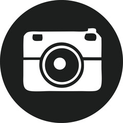 Fototapete - Simple black and white icon of a vintage camera with a large lens and flash set within a dark circle