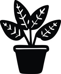 Fototapete - Stylized black silhouette of a potted plant with detailed leaf veins on a white background