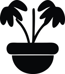 Fototapete - Simple black silhouette of a potted plant with three distinct leaves and a curved pot on a white background