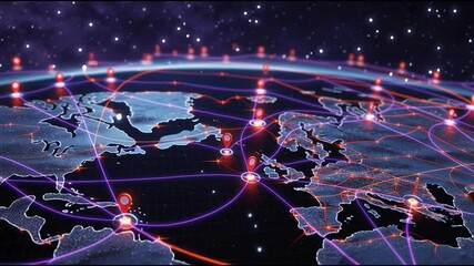 Aufkleber - Glowing Digital World Map Showcasing Global Communication and Data Exchange with Futuristic Technology and Vibrant Neon Colors