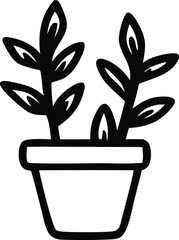 Poster - Stylized black and white icon of two potted plants with simple leaf shapes and a pot