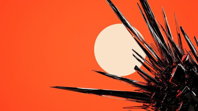 Abstract Pixel Art Black Spiky Object and a Circle Sun Against Bright Orange Background