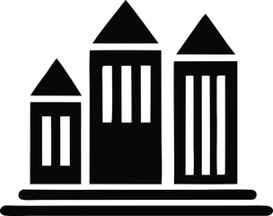 Poster - Stylized black and white icon depicting three abstract buildings with triangular roofs and vertical window elements on a platform