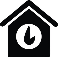 Poster - Simple black and white icon of a house with a circular clock face displaying a flame symbol