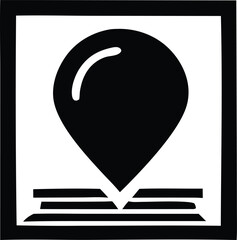 Poster - Stylized black and white graphic of a location pin icon resting on abstract layered horizontal lines within a border