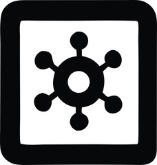 Aufkleber - A simple black and white icon featuring a stylized atom or molecule symbol with a central circle and radiating arms ending in smaller circles all within a rounded square border