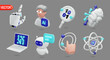 © CreativeZeen - AI technology 3D realistic vector icons collection. Minimal design including robotic hand, AI chatbot, binary code, brain, laptop, magnifying glass, and scientific symbols