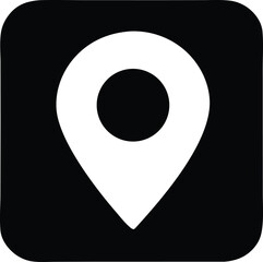 Poster - Simple white location pin icon with a black circle inside set against a solid black square background with rounded corners