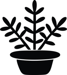 Poster - Simple black silhouette of a potted plant with multiple branches and oval leaves on a white background