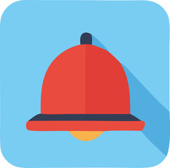 Poster - Modern flat design icon of a red bell with a dark blue clapper and a yellow striker on a light blue background with a long shadow
