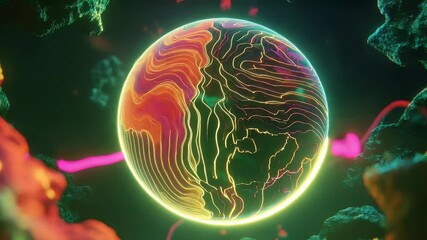 Poster - Abstract visualization of a neon glowing sphere with intricate patterns. Vibrant color scheme with a dark backdrop and floating rock forms. Electric neon pink lines extend across the frame
