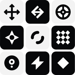 Poster - Collection of nine distinct black and white minimalist icons arranged in a three by three grid representing various functions and actions