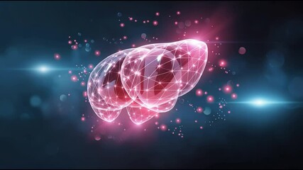 Aufkleber - Futuristic Glowing Digital Illustration of Human Liver Depicted with Interconnected Nodes and Lines Symbolizing Medical Technology and Innovation in Vibrant Pink and Blue Hues
