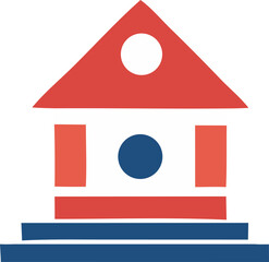 Poster - Stylized red and blue house icon with geometric shapes and white circle window