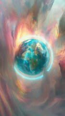 Poster - Abstract artistic rendition of a planet with light halo surrounded by radiant nebula of swirling colors.