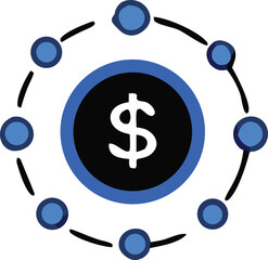 Fototapete - Abstract representation of a dollar sign at the center of a network of interconnected blue circles and black lines
