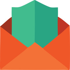 Poster - An open orange envelope reveals a protective teal shield with horizontal lines symbolizing secure communication and data