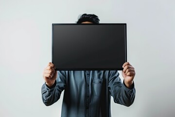Sharp Image of Man Holding and Showing Black Computer Monitor Screen Isolated on White