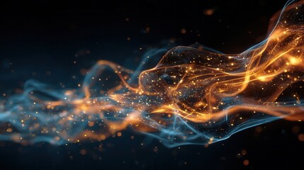 Poster - Abstract design of swirling, glowing particles in orange and blue hues.