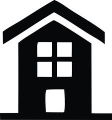 Poster - Simple black and white graphic illustration of a house with a peaked roof four windows and a door