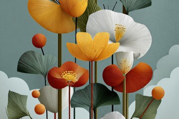 Poster - Elegant colorful paper poppy flowers with green leaves and cloud background for decorative arts and crafts design projects