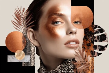 Poster - Close-up portrait of a woman with glowing makeup and platinum blonde hair surrounded by abstract geometric shapes and botanical elements
