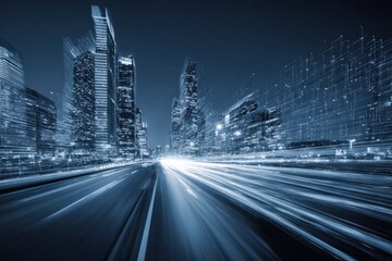 Poster - Futuristic cityscape at night with illuminated skyscrapers neon lights digital lines and motion blur highway view