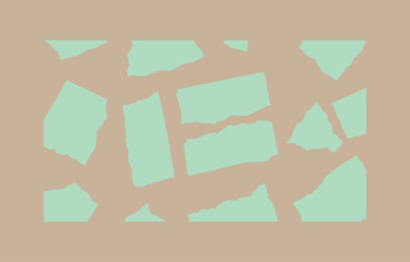 Poster - Abstract pastel green torn paper pieces on beige background; minimalist design.