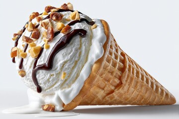 Poster - Delicious vanilla ice cream cone with chocolate syrup and mixed nuts in a crispy waffle cone on a white background