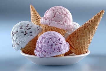 Poster - Freshly Scooped Assorted Flavored Ice Cream Cones in a White Bowl with a Soft Blue Background, Close-Up Shot, Cold Treats