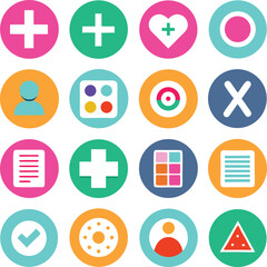 Poster - Collection of colorful circular icons featuring medical symbols user profiles and abstract designs on a white background