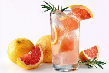 Poster - Refreshing Grapefruit and Lemonade Cocktail with Ice and Pine Garnish in a Clear Glass on White Background