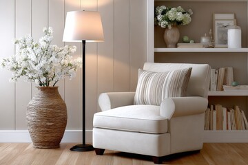 Poster - Cozy Reading Nook with Comfortable Armchair and Elegant Floor Lamp in Modern Living Room with Decorative Shelves and Floral Arrangements