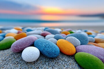 Poster - Colorful smooth pebble stones scattered on sandy beach du vibrant sunset with calm ocean in the background, peaceful nature scene